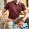 Camiseta de punto fino para hombre de verano, estilo lujo ligero, mezcla de Lyocell Tencel y lino, manga corta con puños y cuello de gaviota