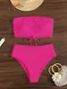 Bikini Sexy de Color Sólido de Cintura Alta Triángulo Nuevo para Mujer 2026, Traje de Baño de Dos Piezas Sin Tirantes Estilo Europeo y Americano para Playa