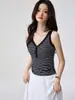 Camisola de Rayas con Cuello en V de Algodón Tencel Lyocell para Mujer, Nuevo Estilo de Verano con Botones, Top Versátil sin Mangas Color-Blocking
