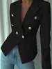 Nuevo blazer negro de estilo europeo y americano, corte entallado para mujer, con botones dorados de doble botonadura, de longitud media, adecuado para el lugar de trabajo y los desplazamientos, venta al por mayor de fábrica
