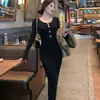 Vestido preto de malha Lin Guanguan, vestido justo elegante estilo francês de inverno, vestido base para usar por baixo do suéter