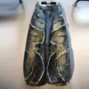 Jeans Longo de Outono Novo Estilo Europeu Cintura Alta Modelador Patchwork Desfiado Patchwork Pintado Perna Larga