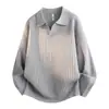 Camiseta masculina de manga comprida estilo coreano, suéter básico de cor sólida com gola V, solta e versátil, malha respirável resistente, blusa de manga comprida