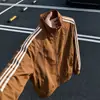 Jaqueta Bomber Listrada com Gola Alta e Patchwork Azul Escuro Masculina Outono Solta Casual Versátil Top Estilo Streetwear Americano Peça de Roupa Cool