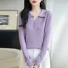 Suéter de tricô feminino com gola polo, caimento justo, pulôver versátil de manga longa em tricô fino, top cinza elegante