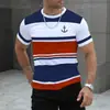 Camiseta Casual Masculina de Manga Curta, Cor Listrada, Impressão Digital 3D, Tamanho Grande, Comércio Exterior Transfronteiriço, Europeia e Americana, Confortável e Solta