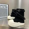 Botas de plataforma retro de suela gruesa para mujer, nuevo estilo otoño e invierno, con hebilla de cinturón, puntera de concha, botas apiladas, botines casuales sin cordones para mujer