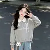 Conjunto de Dos Piezas para Niñas Estilo Coreano Dulce con Encaje, Cuello Polo, Sudadera con Capucha, Dibujo Animado Lindo, Jeans