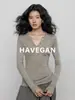 Yu Jian HAVEGAN / Camiseta de Punto Manga Larga Cuello Henley Otoño Mezcla de Lana Elástica Estilo Old Money Perezoso para Mujer