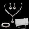 Collar y pendientes de lujo europeos y americanos con forma de gota de agua, cristales y diamantes para novia, para boda, con cuello en V, anillo de mano y bolso, accesorios de boda.