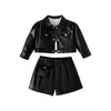 Conjunto de duas peças preto em couro para bebê menina: jaqueta curta com gola reversível + shorts de couro com bolso cargo, estilo biker moderno para meninas