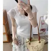 Nova Camiseta de Manga Curta com Renda 2025 para Mulheres, Suéter de Verão Suave Slim Fit com Decote V Curto para Mulheres