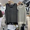 Chaleco de Hielo de Seda a Rayas con Cuello en U para Mujer Verano Exterior Diseño con Sentido Tejido Base Interior Top de Tirantes Ajustado