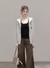 Cardigã de Tricô com Capuz e Zíper Listrado de Manga Longa Feminino Outono Inverno Novo Estilo Preguiçoso Peça de Roupa Versátil 2302