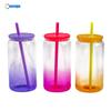 Vaso mason de vidrio de borosilicato alto de 16 oz para sublimación, color jalea degradado, tapa PP a color, vaso de vidrio para transferencia de calor con popote