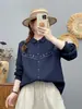 Moda Otoño 2026: Camisa de Manga Larga Bordada de Gasa de Algodón de Doble Capa Estilo Artístico para Mujer, Top Casual Japonés al por Mayor