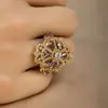 Joyería Europea y Americana Transfronteriza, Joyería de Mano de Flor Clásica para Mujer, Tesoro de Zirconia de Color, Anillo Exagerado Elegante, Moderno y Versátil para Mujer