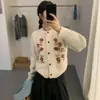 Suéter de piel de mapache estilo coreano con intrincado bordado de margaritas, cárdigan de punto grueso ajustado para mujer de otoño e invierno