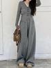 Conjunto de Suéter Versátil Estilo Preguiçoso para Mulheres Outono e Inverno 2025 Cardigã Gola V Aparência Emagrecedora Calça de Tricô de Cintura Alta Wide Leg Conjunto de Duas Peças