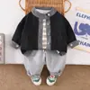 Traje de Mezclilla Estilo Coreano para Niños Primavera y Otoño Niños y Niñas Chaqueta de Moda con Bloques de Color y Pantalones Conjunto de Dos Piezas Venta al por Mayor