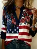 2026 Amazon transfronteiriço europeu e americano feminino outono casual manga longa estampada gola V solta blusa top