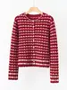 Conjunto estilo Chanel pequeño, top de cárdigan de punto con cuello redondo, abrigo suéter a rayas de cachemira pura para mujer, engrosado para otoño e invierno
