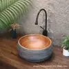 Lavabo de encimera retro con veta de madera sintética, lavabo creativo grande de forma ovalada para balcones de casa de huéspedes