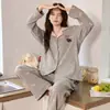 Algodón Puro Manga Larga Pantalón Largo Otoño Ropa de Dormir Cardigan con Solapa Gato Pequeño Lazo Todo Algodón Ropa para Casa Conjunto de Dos Piezas Se Puede Usar Afuera