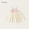 Envío Gratis Ropa Infantil Vestido para Niñas Vestido Rosa de Princesa para Niñas Vestido de Tirantes de Verano para Niñas Vestido de Malla para Bebé con Bloques de Color