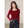 Blusa de tricô elegante vermelha ombro a ombro com mangas compridas para mulheres, nova camisa base slim fit de outono