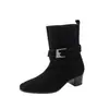 Botas vaqueras de gamuza estilo coreano para mujer con hebilla de cinturón, adecuadas para combinar con un abrigo, otoño/invierno 2026, tacón medio grueso, punta redonda, botines de cuero genuino
