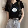 Camiseta Blanca de Algodón Puro para Mujer Diseño Hombro Derecho Manga Corta Verano Estampado de Letras Cintura Alta Top Sexy