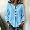 Camiseta T-shirt feminina de malha waffle com gola V e mangas compridas, multicolorida, estilo casual solto de abotoamento simples, novo estilo outono e inverno, para comércio exterior transfronteiriço europeu e americano