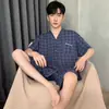 Pijama de Verano Delgado de Manga Corta para Hombre de Algodón Puro Transfronterizo, Estilo Kimono, Cuello en V, Talla Grande, Casual, Sencillo, Ropa de Casa para Hombre