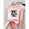 Camiseta Feminina Outono/Inverno Gola Meia-Alta Manga Longa Estilo Coreano Infantil Plush Camada Base Top Roupa Infantil Primavera/Outono Roupa de Baixo Tendência