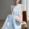 Vestido de Verano Nuevo de Satén Sedoso Tejido sin Mangas para Mujer Cuello Redondo Proceso de Corte con Borlas Falda Larga Azul