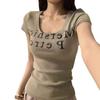 Camiseta feminina estilo americano retrô com estampa de letras, decote em U e manga curta, novo design, estilo Pure Desire, verão 2025