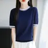 Top de Verano Delgado de Seda Tencel de Manga Corta para Mujer con Cuello de Contraste, Diseño Único, Suave y Cómodo, Elegante para Usar como Prenda Exterior