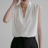 Camisa Blanca Satín Elegante de Alta Calidad para Mujer Verano Delgada Estilo Francés Sin Mangas Cuello en V Diseño de Estilista Camisa Top
