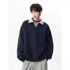 Moletom masculino estilo americano com gola reversível, manga longa, design casual falso de duas peças, marca moderna, camiseta de peso pesado, cinza mescla, corte solto