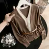 Cardigan de Caxemira Feminino Duas Peças Outono/Inverno 2026, Suéter Fino, Jaqueta Tricot Color Block Versátil