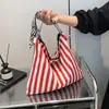 Bolsa de Lona Transfronteiriça Feminina Grande Capacidade 2025 Novo Verão Casual Ombro Sacola de Compras Listrada Classe Tote Bag