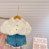 Ai Le Rabbit 2022 - Conjunto de top de encaje con mangas abullonadas y pantalones cortos vaqueros con flores para niña
