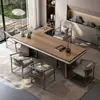 Mesa de centro y juego de sillas de losa de roca con veta de madera de nogal para uso doméstico, mesa de centro de estilo chino nuevo, mesa de café de oficina, lujo ligero con sensación de alta gama, losa grande