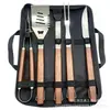 Juego de Herramientas para Parrilla Cuadradas con Mango de Madera con Patrón de Madera de Acero Inoxidable 410 para Cena Familiar de Campamento con Tenedor para Brochetas, Espátula, Brocha para Aceite y Cepillo Limpiador