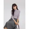 Top de punto amarillo de cuello medio alto para mujer, suéter de otoño e invierno