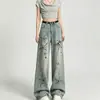 Jeans retro graffiti americanos, pantalones negros de pierna ancha, diseño stylish y moderno de alta costura, desgastados y casuales, corte holgado, pantalones largos versátiles