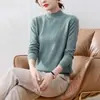 Camada base feminina de gola alta parcial, novo estilo de início de outono, cor sólida, tamanho grande, corte solto, efeito emagrecedor, peça íntima de manga longa, suéter de malha de gola média
