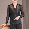 Camisa de seda anti-envejecimiento para madre con patrón craquelado, garantizada en calidad, nuevo top de malla bordada para mujer primavera/otoño, tacto de alta gama