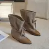 Botines Cortos de Moda Vintage para Mujer, Otoño/Invierno 2026, Puntiagudos, con Cordones, de Caña Ancha, Botas Vaqueras de Moda, Botas con Plataforma que Aumentan la Altura